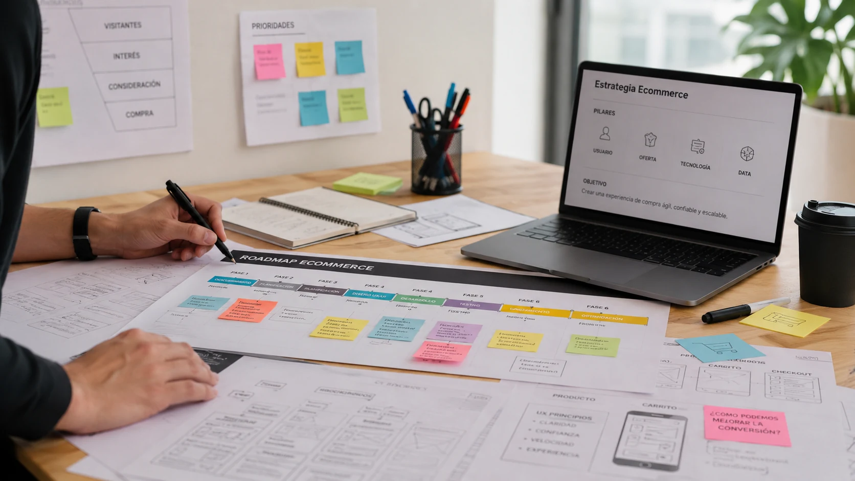 Mesa de trabajo con roadmap ecommerce, wireframes y planificación estratégica