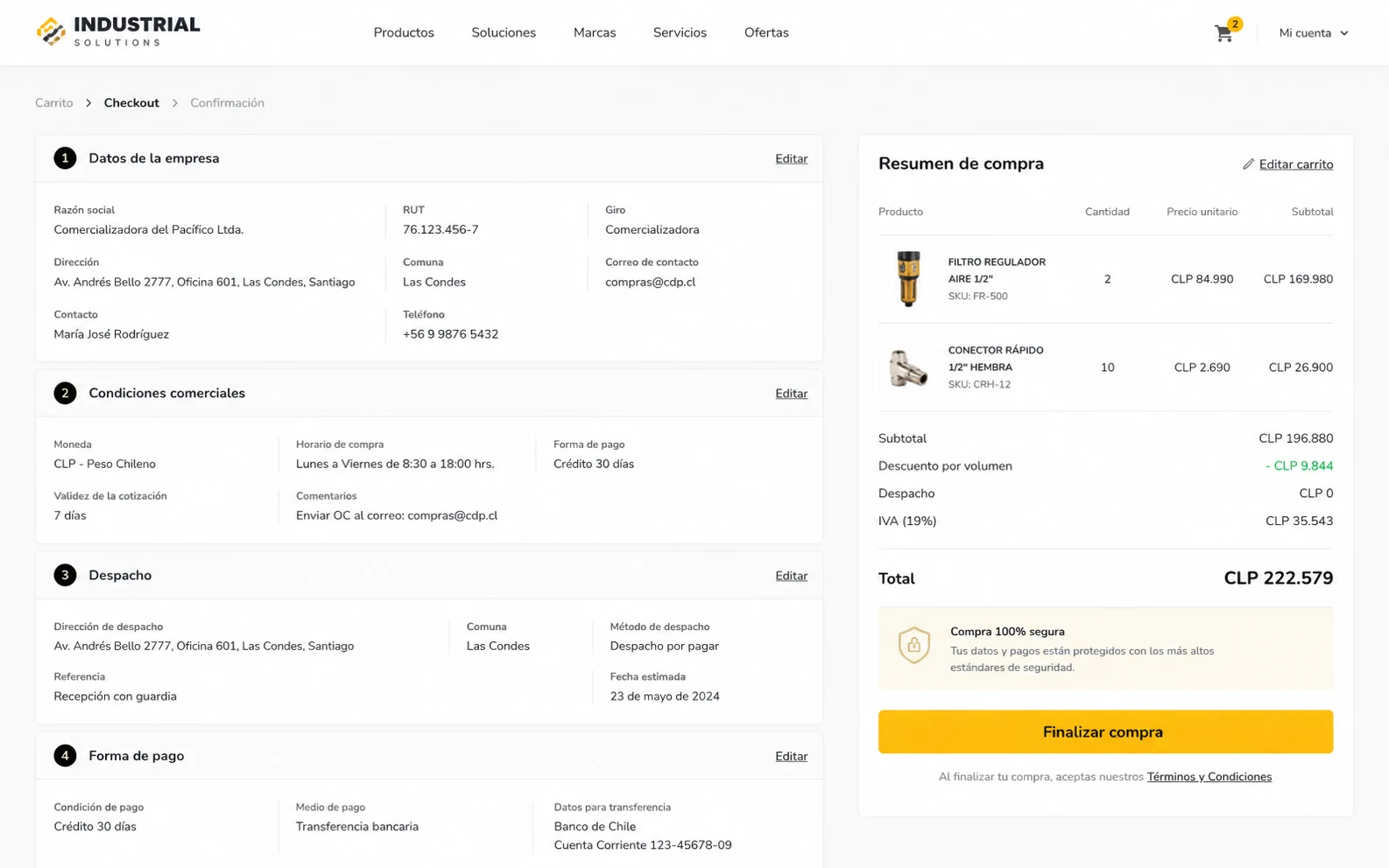 Checkout personalizado para ecommerce a medida con datos de empresa, condición comercial y total en CLP