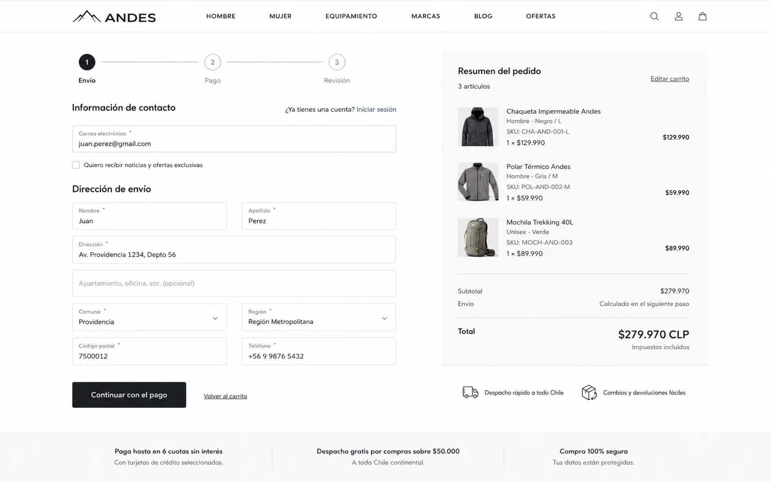 Vista de checkout Magento con datos de compra, resumen de pedido y total en CLP