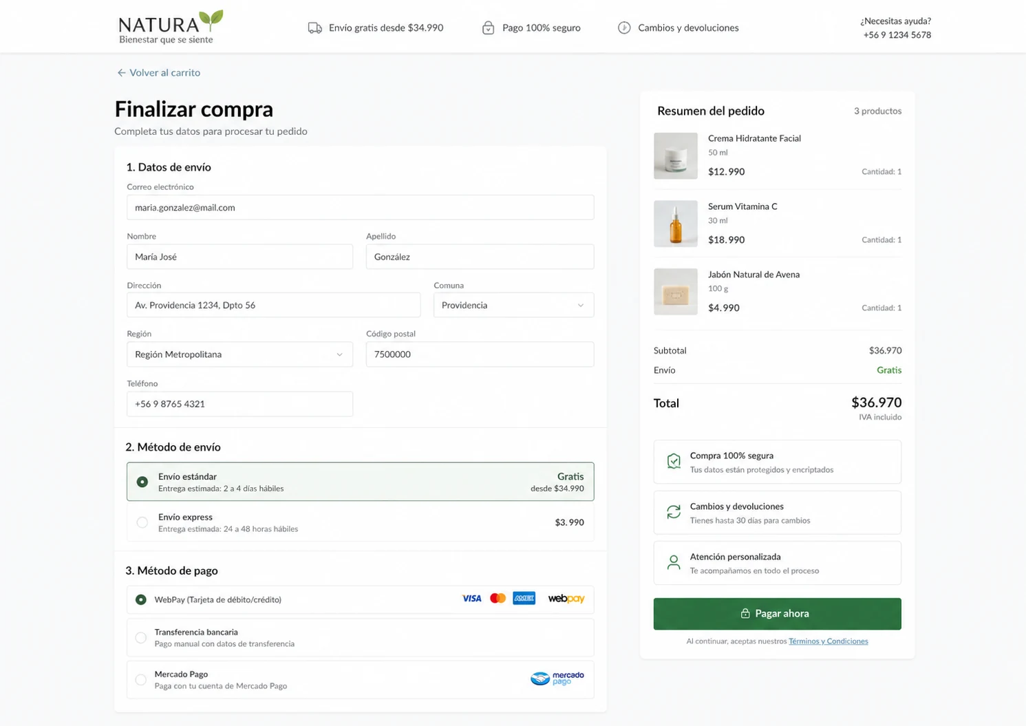 Vista de checkout PrestaShop con datos de compra, resumen de pedido y total en CLP