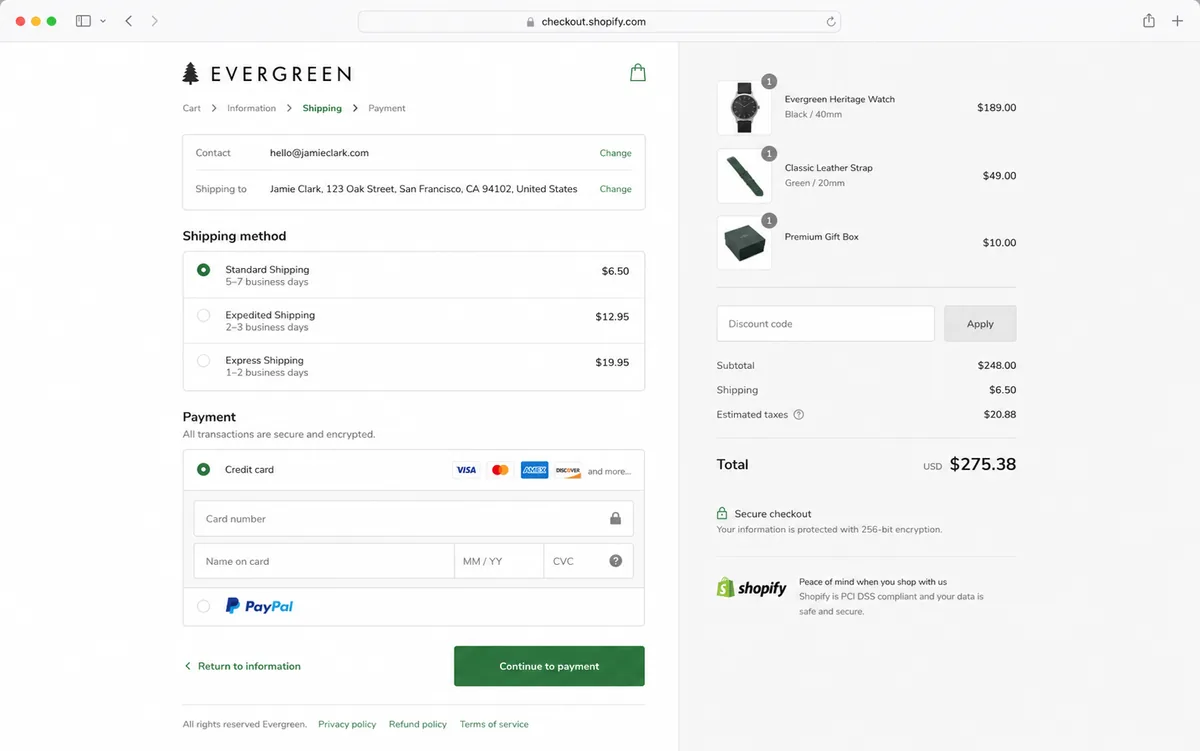 Vista realista de checkout Shopify con método de envío, pago seguro y resumen de compra