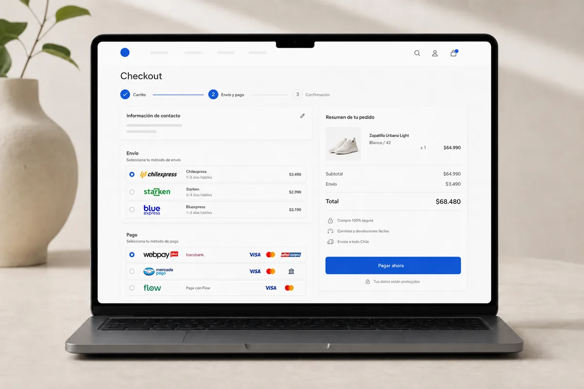 Vista conceptual de checkout ecommerce con medios de pago y despachos en Chile